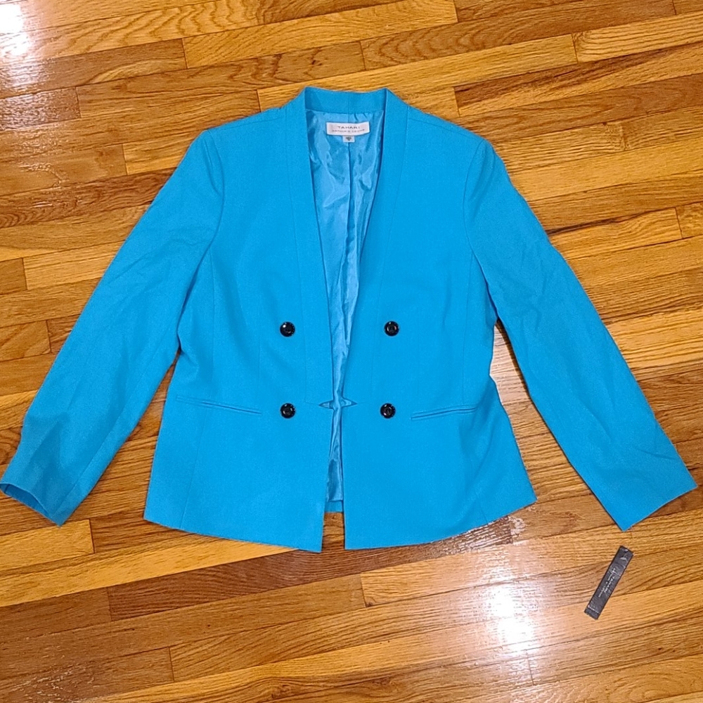 TAHARI ASL Open Front Lined Double-Breasted Blazer in Capri Blue